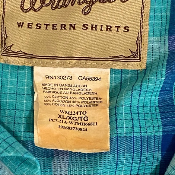 Wrangler Shirt Men's Size XL Western Plaid Pearl Snaps Short Sleeve Teal - Picture 8 of 10
